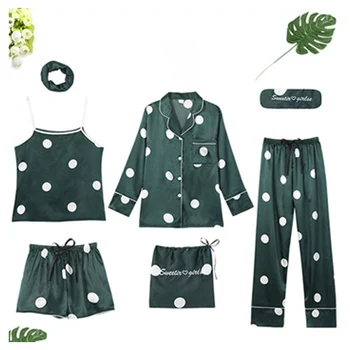 

Pearl Diary Women's 7 Pieces Pajamas Sets Printed colors Faux satin Silk Pajamas Sleepwear Spring Summer female Homewear Slings