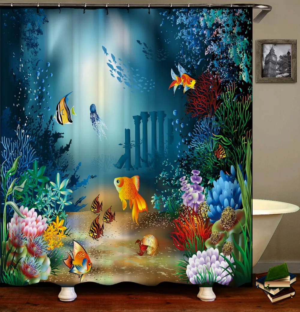 New Novelty Beautiful Tropical Fish Seaweed Shower Curtain Underwater Wild Marine Seascape Pattern Polyester Bathroom Curtains | Дом и сад