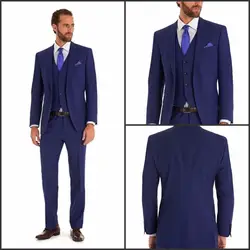 Последние конструкции пальто брюки синий Для мужчин Костюмы Slim Fit Формальные taiored жениха для выпускного Свадебный костюм 3 предмета Blazer