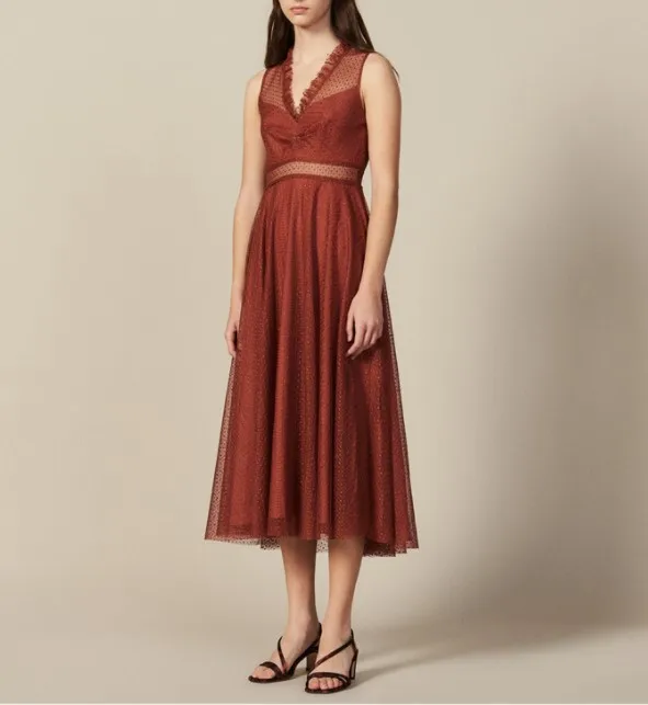 Franse elegantie 2019 herfst nieuwe v-hals borduren kant ruches mouwloze crêpe rok Franse elegantie 2019 herfst nieuwe v-hals borduren kant ruches mouwloze crêpe rok