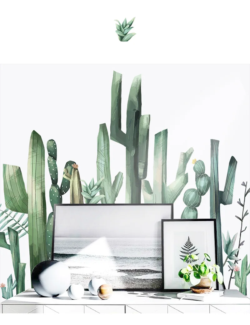 Свежее зеленое растение кактус Наклейка на стену DIY Фреска Искусство для гостиной спальни домашний декор самоклеящаяся Съемная наклейка