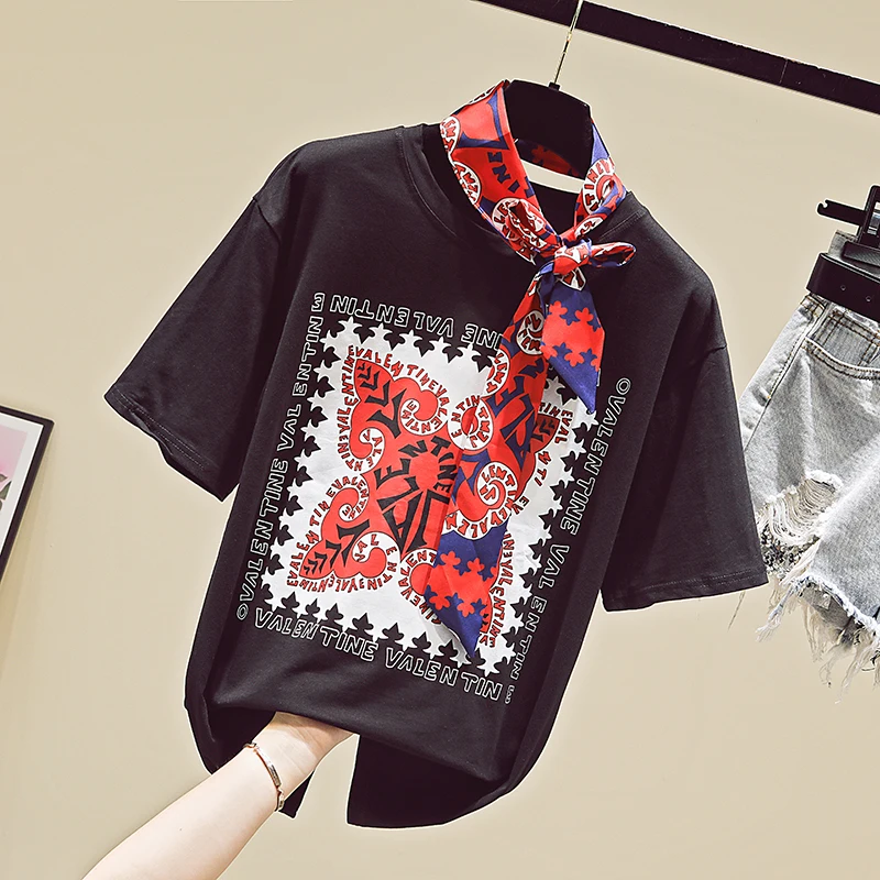 

Design sense Harajuku short-sleeved female T-shirt college wind summer fashion loose ribbon with bow tie shirt