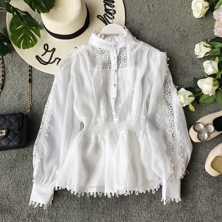 

Korean Stand Collar Yarn Splice Lace Slim Waist Single Breasted Elegant Shirts Women Long Sleeve Casual Blouse Tops G728