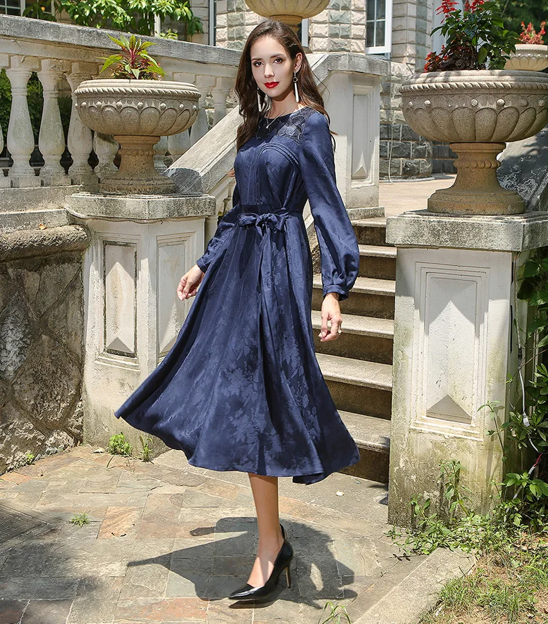 VOA тяжелый шелк размера плюс 5XL платье женские вечерние ночные летние платья темно-синие с длинным рукавом Высокая талия тонкая одежда AJX01501