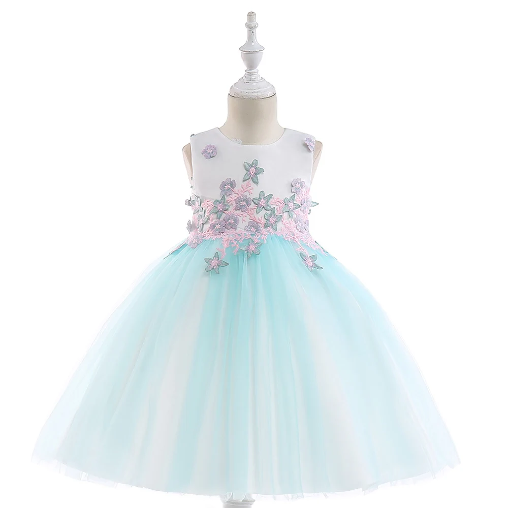 Retail Children Girl Appliques Party Dresses Kids Flower Formal Girl Knee-Length Dress Girl Wedding Dress For 3-8 Years L5024