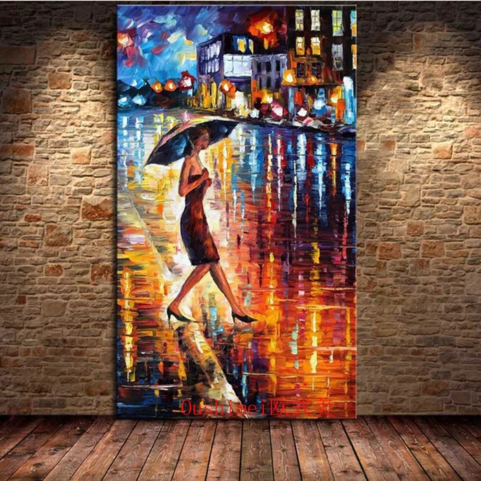 

Hand Painted Modern Pictures On Canvas Lady Walking In The rain Oil Painting Paintings Knife Landscape Wall Decor Hang Paintings