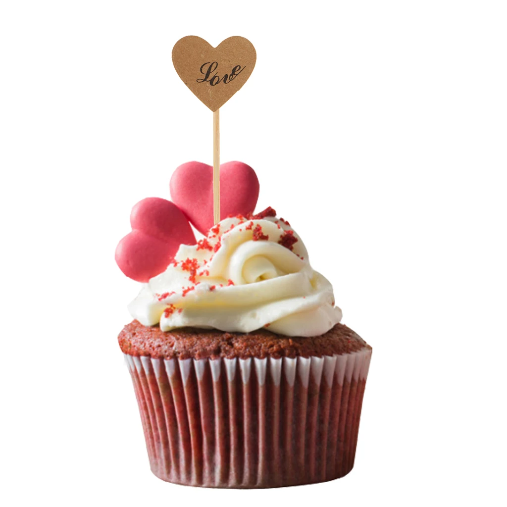 50 Pieces Retro Kraft Paper Heart Cupcake Topper Food Picks Wedding Engagement Birthday Parties Decor LOVE Paper 
