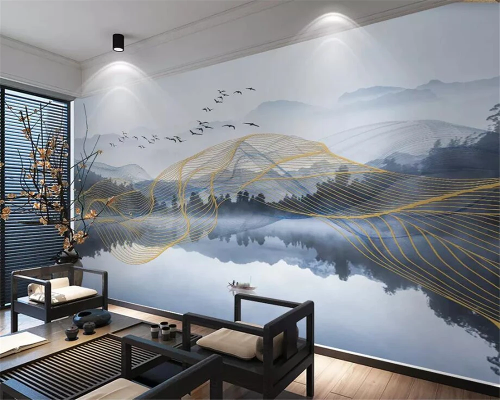 Us 87 42 Offbeibehang Customized 3d Wallpaper Mural Chinese Abstract Golden Lines Artistic Landscape Water Reflection Mural Home Decor In