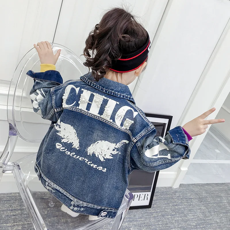 

2019 New Denim Jacket for Girls Spring Autumn Children's Pearl Printed Modis Short Jean Jacket Coat Baby Kids Outerwear Clothes