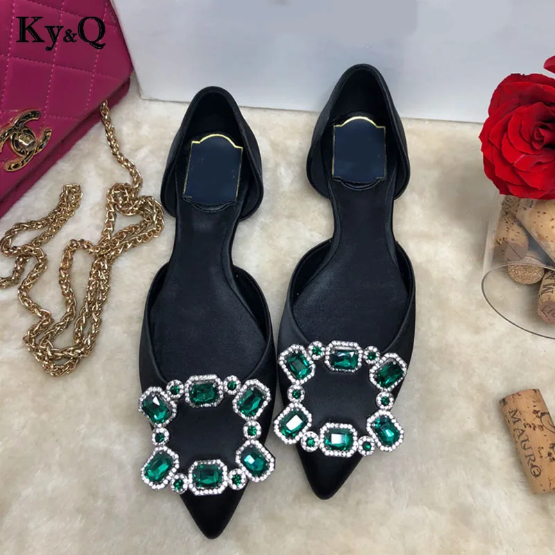

2018 Summer Luxury Black Crystal Sandals Shoes Women Runway Pointed Tops Silk Flats Shoes Party Wedding Elegant Zapatos Mujer