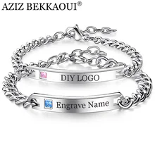 AZIZ BEKKAOUI Silver Engrave Name Bracelet Stainless Steel Couple Bracelets Personalized Logo Jewelry Women Men Crystal Bangles