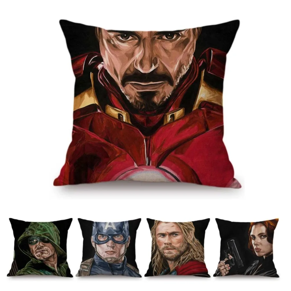 

Super Heroes Black Widow Thor Iron Man Portrait Oil Painting Cotton Linen Decorative Pillows Vintage Store Decor Cushion Cover