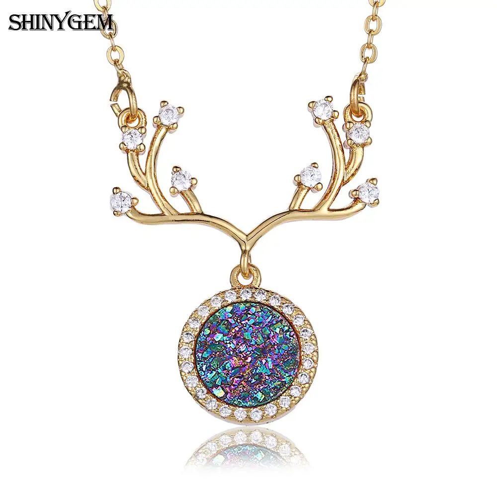 ShinyGem Gold Deer Horn Necklace Sparkling CZ Crystal Round Druzy Stone