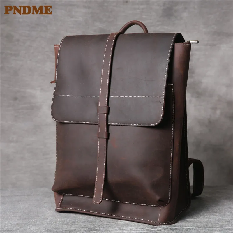 

PNDME high quality simple genuine leather men's women's backpack vintage large capacity outdoor daily sling travel schoolbag