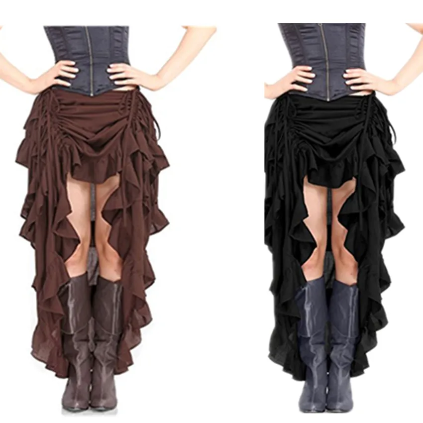 Abbille Vintage Women Steampunk Brown Skirt High Waist Skirts with