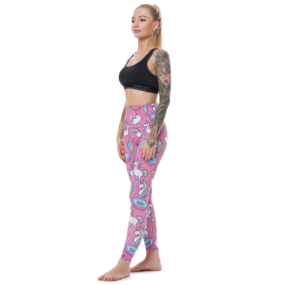 KYKU Brand Unicorn Leggings Women Leggins Fitness Legging Sexy Pants High Waist Push Up Shiny 3d Printed Rainbow Star Cat Donuts pink leggings