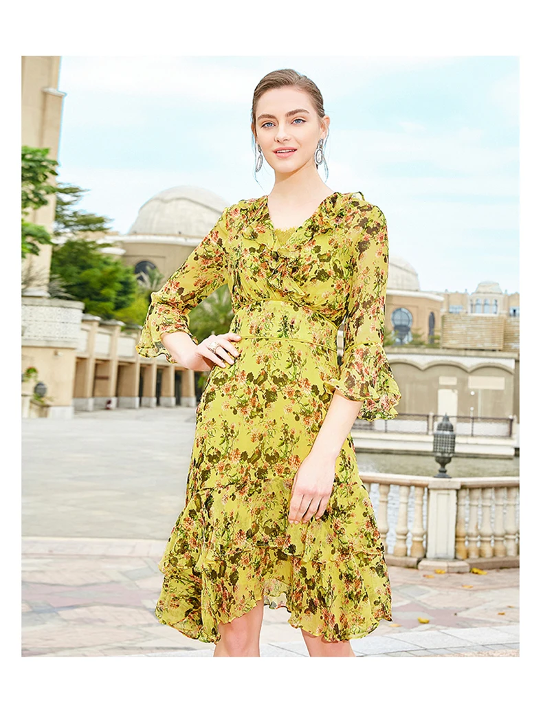 KAMIYING летнее женское платье с принтом новое платье с рукавом в виде листьев лотоса, асимметричное модное тонкое шелковое платье с высокой талией