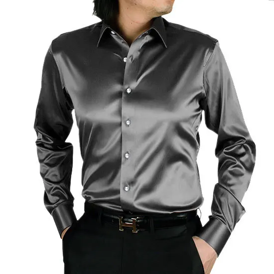 Men Luxury Silky Long Sleeve Fashion Loose Casual Silk Like Dress Shirt Plus size Wedding Party Stage Clothes