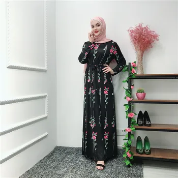 

Middle East full sleeve Muslim women black rose pattern long dress