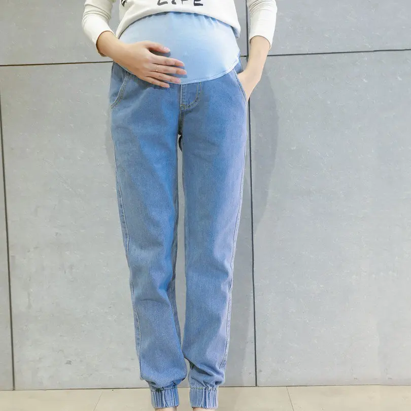 

WENDYWU NEW 2017 Spring Solid Pregnancy Clothes Jeans Closed Feet Care Belly Hamile Giyim Plus Size M-2XLPants with Pockets