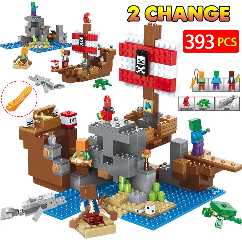 

393PCS My World Pirate Ship Building Blocks Figures Bricks Sets Enlighten Kids Toys Compatible with Legoed Minecrafted 2 Change