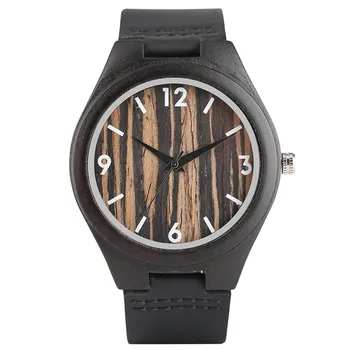 

Modern Fashion Ebony Wooden Watch Men Ladies Wood Lines Pattern Dial Genuine Leather Strap Hand-made Cost-effective Watches Gift