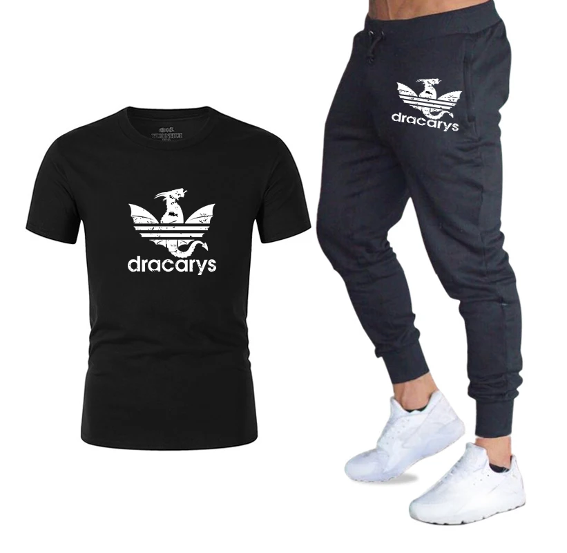 

2019 TV show Game of Thrones Dracarys print Harajuku T-shirt+trend Sweatpants Sport Suit summer Men casual t shirt+pants sets