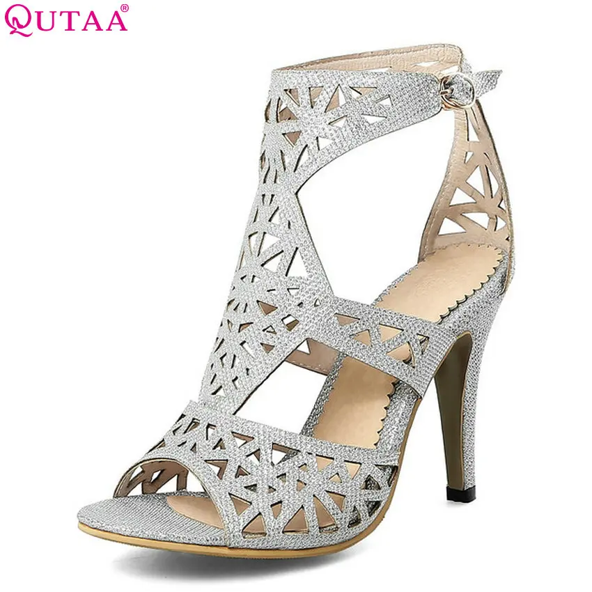 

QUTAA 2018 New Arrive Women Pumps Pu Leather Fashion Thin High Heel All Match Women Shoes Peep Toe Buckle Women Pumps Size 34-43