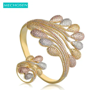 

MECHOSEN Nigerian Wedding Jewelry Sets Bangle Ring Gold Color Copper Big Bangles Cubic Zirconia Women Pulseira Aneis Feminino