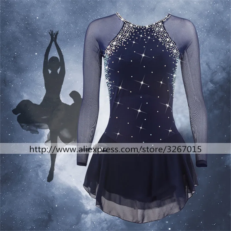 Figure Skating Dress Women's Girls' Ice Skating Dress Dark Navy Red Shiny rhinestone Elastic mesh fabric Long sleeve Figure Skating Dress Women's Girls' Ice Skating Dress Dark Navy Red Shiny rhinestone Elastic mesh fabric Long sleeve