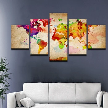 

Household adornment hd print abstract pictures sitting room 5 pieces of color painting world map canvas wall art