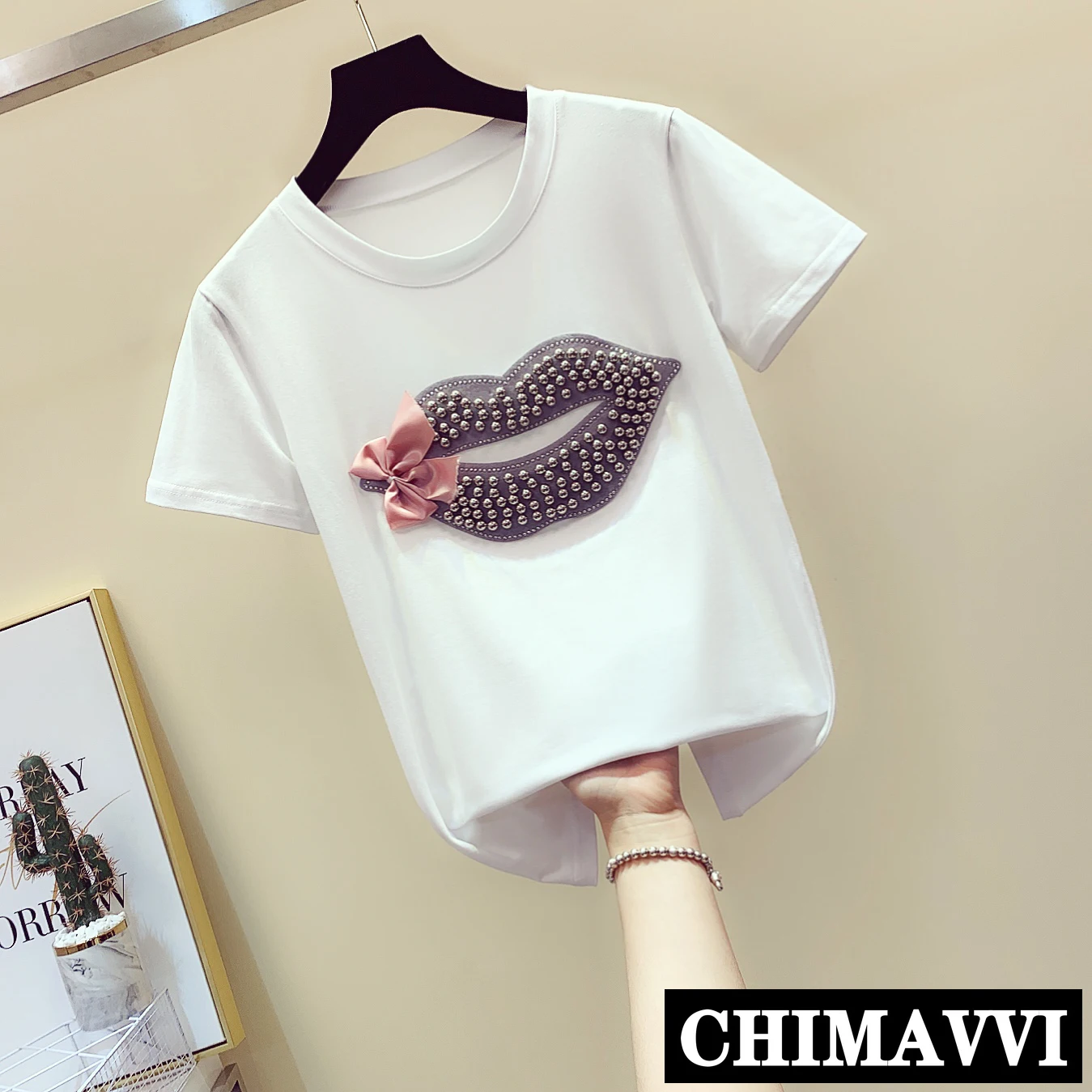 

Bead Lips Bow Knot Round Collar T-shirt Loose Tshirt Summer Women's Big Size S-6XL Top Student Girls Casual Short Sleeve Tee