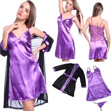 Пикантные женские кружево Атласный халат пижамы Ночная рубашка Пижама-набедренная повязка Комплект