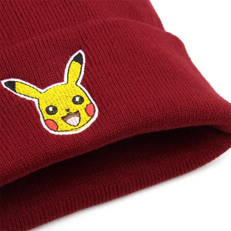 Осенняя и зимняя теплая шапка с цветной вышивкой для взрослых, шерстяная вязаная Двусторонняя шапка с рисунком покемона Пикачу