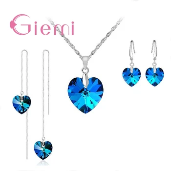 Blue Heart Jewelry Set Pendant Necklace 2 Pair Earrings For Women Original Silver Wedding Party Collana Pendientes Pin