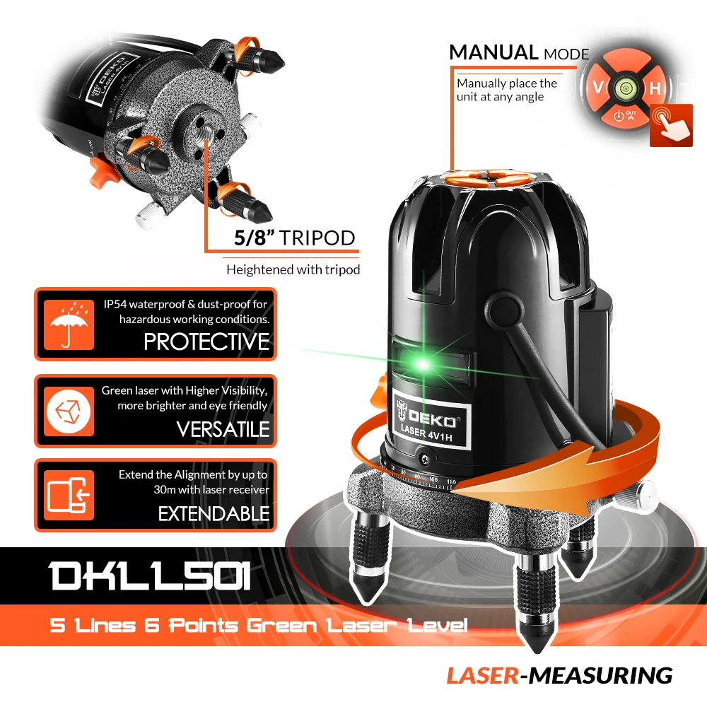Лазерный уровень DEKO LL58G 5 линий 6 точек с треногой самонивелирующийся
