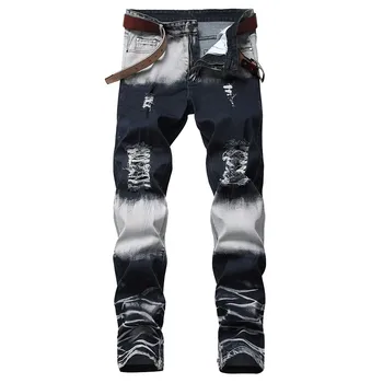 

Men's Stretchy Ripped Skinny Biker Jeans Destroyed Taped Slim Fit Denim Pants Slim-fit denim pencil pants, ripped jeans c0313