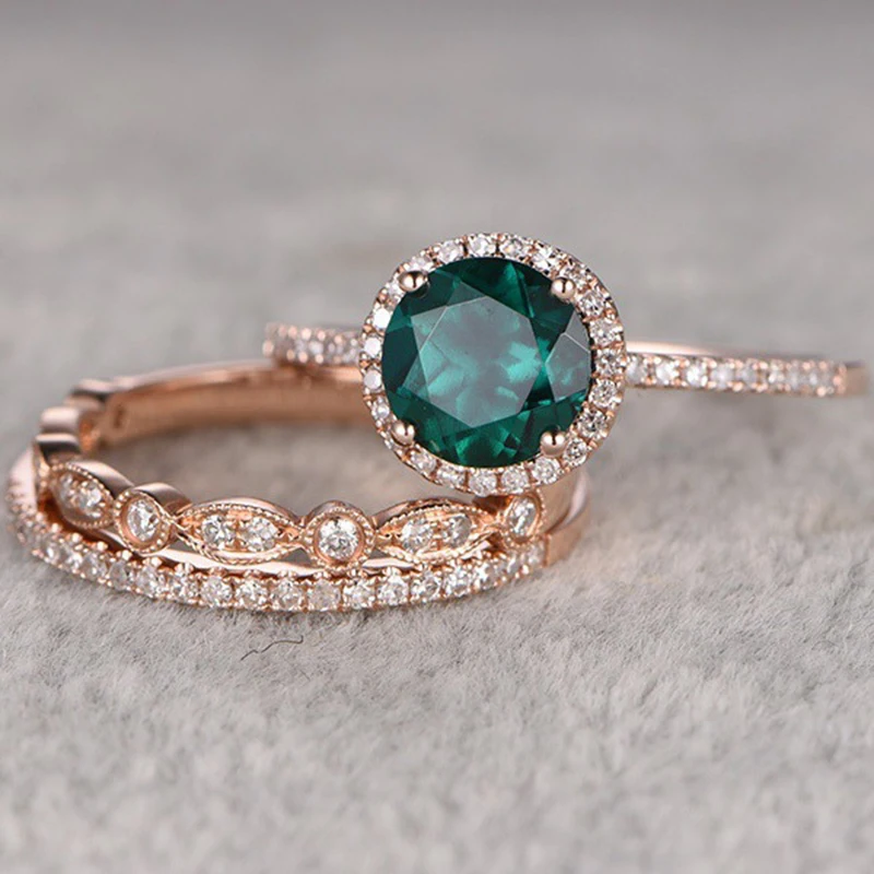 

Utimtree Rose Gold Color Ring Set for Women Jewelry Round Green Austrian Crystal Wedding Rings Female Engagement 3PCS Ring Set