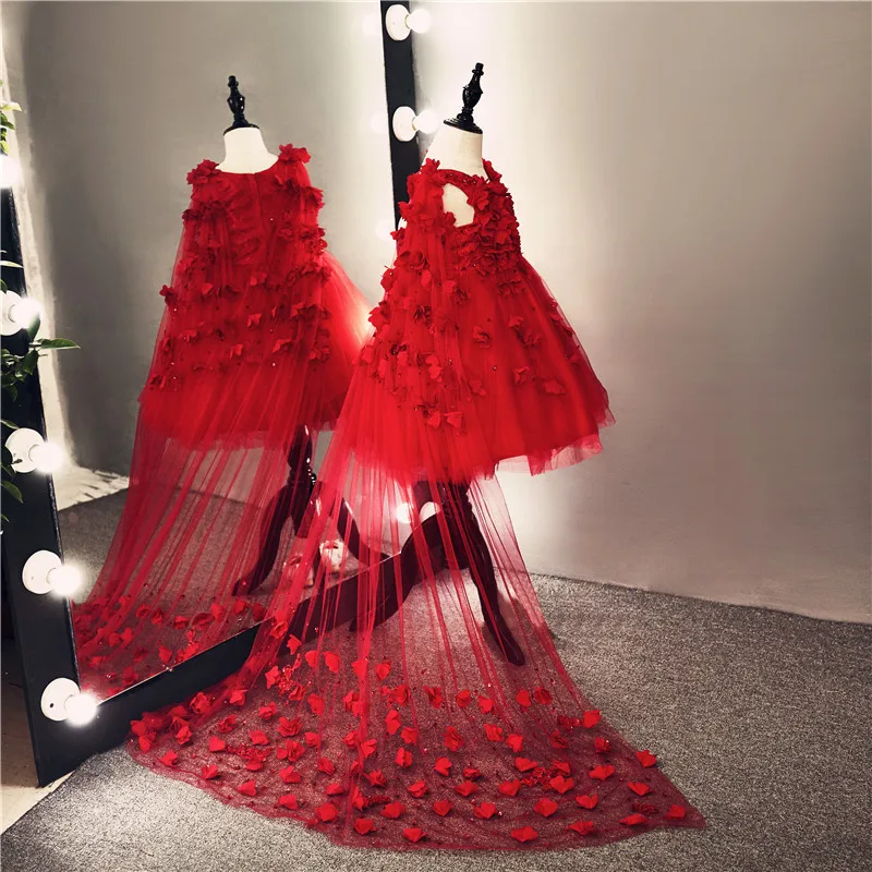 

Red Tulle long Trailing Flower Girl Dresses Girls Appliques Birthday Wedding Party Princess Dresses First Communion Gown
