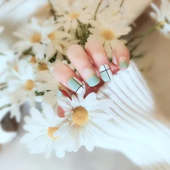 

White And Light Green Fake Nails Fresh Style Striped Lattice Full Cover False Nails Temperament For Lady Daily With Glue Sticker