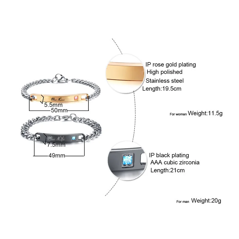 One Life One Love Браслеты из нержавеющей стали CZ браслеты для женщин и мужчин Идеальные подарки на день Святого Валентина