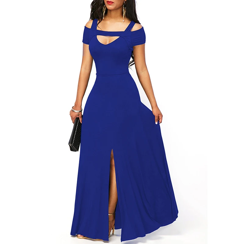 Сексуальное пляжное летнее платье с открытыми плечами, сарафаны, винтажные вечерние платья макси, женское платье на тонких бретелях, длинные платья с разрезом, Vestido - Цвет: Blue
