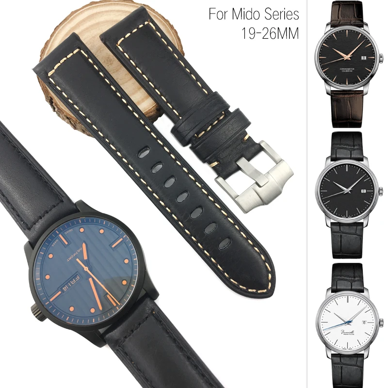 

19mm 20mm 21mm 22mm Italian Cowhide Watch Strap Black Needle Buckle Universal Leather Watchband Suitable for Mido Series Watch