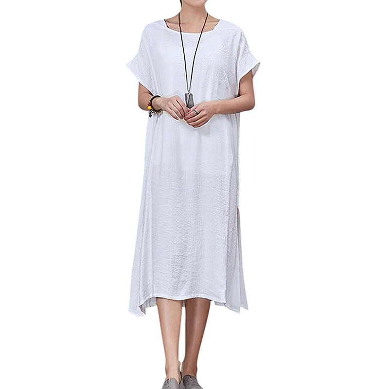Винтажные женские летние однотонные платья с коротким рукавом, льняное повседневное длинное платье-рубашка, свободное хлопковое облегающее платье с квадратным вырезом, Vestido 5XL - Цвет: White