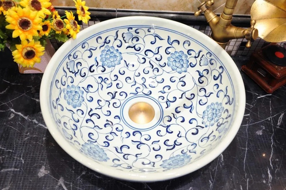 Bthroom Counter Top Wash Basin Cloakroom Hand Painted Vessel Sink bathroom sinks Blue and white porcelain wash basin antique (2)