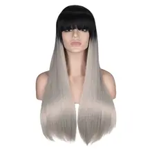 QQXCAIW парик с длинными прямыми волосами для женщин черный и серый синтетический парик с челкой высокая температура натуральный костюм парики