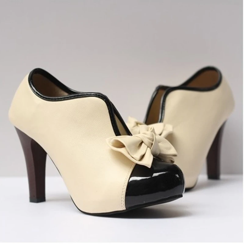 Cute Bowtie Women Pumps Platform High Heels Beige Color Ladies Shoes ...