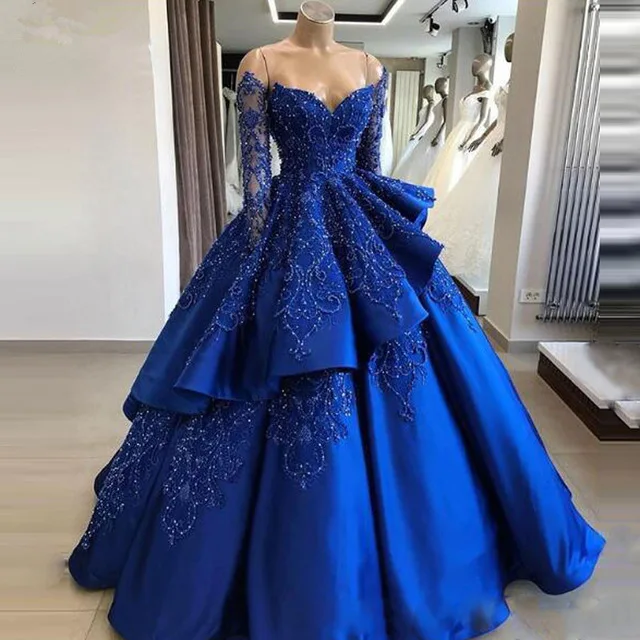 Винтаж Royal Blue пышные платья для выпускного вечера кружевные аппликации бальное платье для девочек с блестящими пайетками, с открытым плечом платья женская блуза с послойным расположением ткани, оборочками и v-образным вырезом платье для выпускного вечера - Цвет: Синий