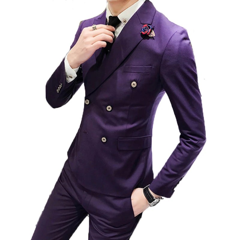 

2019 Purple Wedding Suits For Men Peak Collar Slim Fit 3PC (Jacket +Vest+Pants) Custom Made Wedding Groom Prom Tuxedos Suits