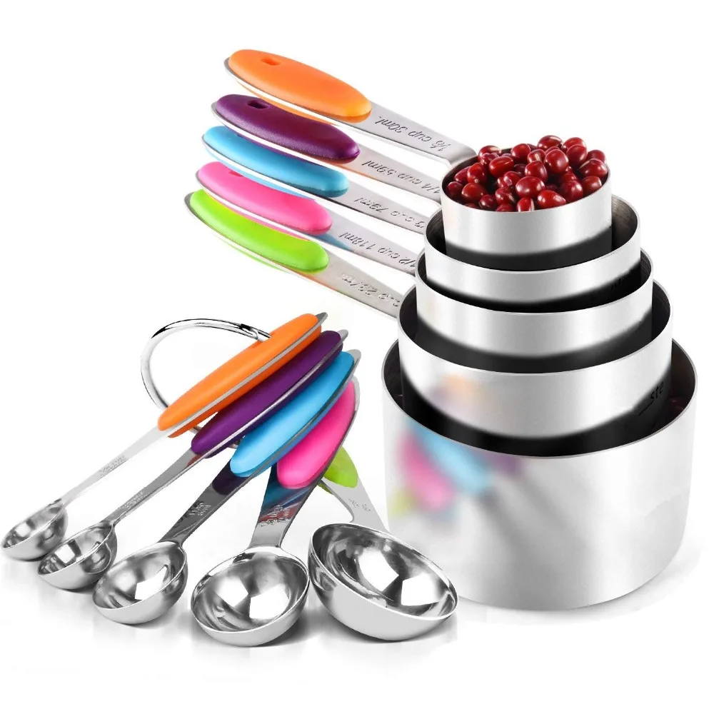 

LMETJMA 10 Piece Measuring Cups and Spoons Set Stainless Steel Measuring Cup Kitchen Measuring Spoon Scoop For Baking KC0259